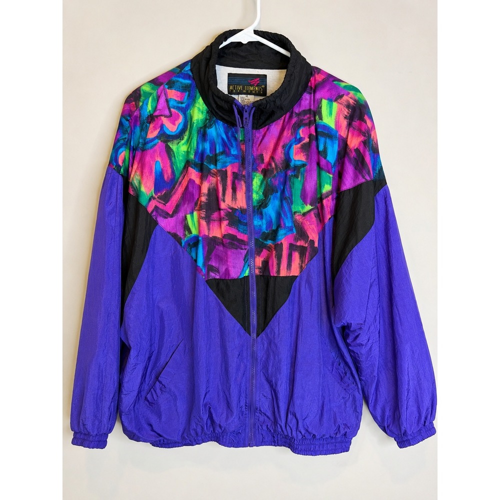 Vintage Active Elements Colorblock Windbreaker Jacket Neon Purple Abstract